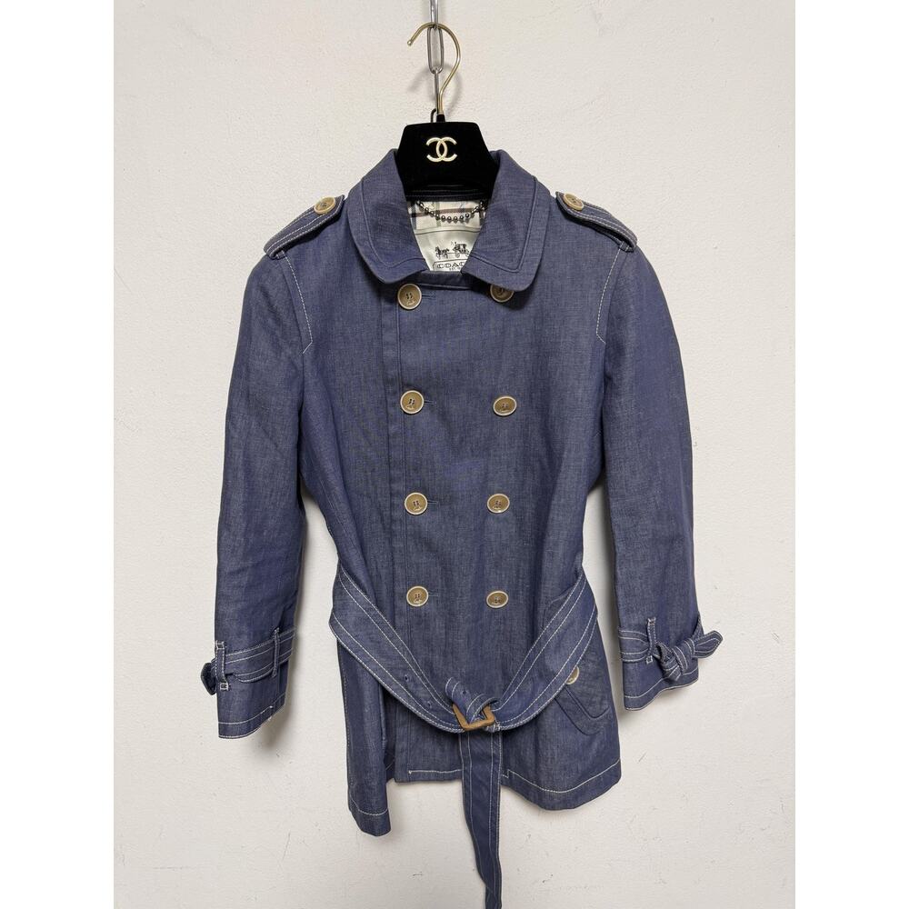 Coach Trench Coat Womens XS Blue Denim Double Breasted Belted Lined Epaulet